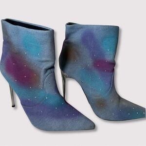 8- Space Denim Rhinestoned Stiletto Spray Paint Gradient Graffiti Heeled Boots